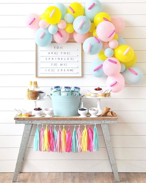 I’ve Cream Balloon Garland, Sprinkle Party Balloons, Its Sweet To Be Three Birthday, Sprinkle 3rd Birthday Party, Donut Party Balloon Garland, Sprinkles Theme Party, Sprinkles Balloon Garland, Double Scoop Twin Birthday Party, Ice Cream Birthday Party Theme Cake