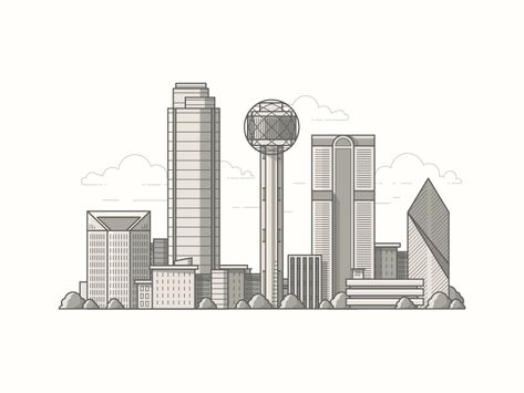 Dallas by Drew Ellis Dallas Texas Tattoo, Dallas Tattoo, Dallas Texas Skyline, Skyline Tattoo, Skyline Drawing, Dallas Cowboys Images, Texas Tattoos, Dallas City, Dallas Skyline