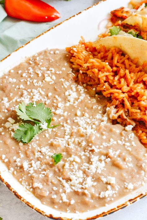 Mexican Restaurant Rice And Beans, Mexican Rice And Refried Beans, Authentic Mexican Rice And Beans, Beans And Rice Mexican, Authentic Mexican Refried Beans, Mexican Restaurant Recipes, Refried Beans Instant Pot, Mexican Refried Beans Recipe, Best Refried Beans Recipe