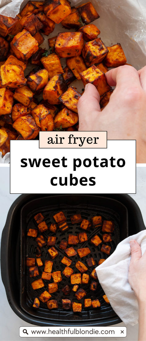 The best crispy and tender air fryer sweet potato cubes ready in under 15 minutes. Coated in a delightful blend of garlic, paprika, salt, and pepper, they’re a healthy addition to salads, bowls, or as a tasty dinner side! Air Fry Sweet Potato Cubes, Roasted Sweet Potatoes Air Fryer, Sweet Potato Air Fryer Recipes, Air Fryer Sweet Potatoes Cubes, Sweet Potato Air Fryer, Mom Snacks, Air Fryer Sweet Potatoes, Sweet Potato Cubes, Roasted Sweet Potato Cubes