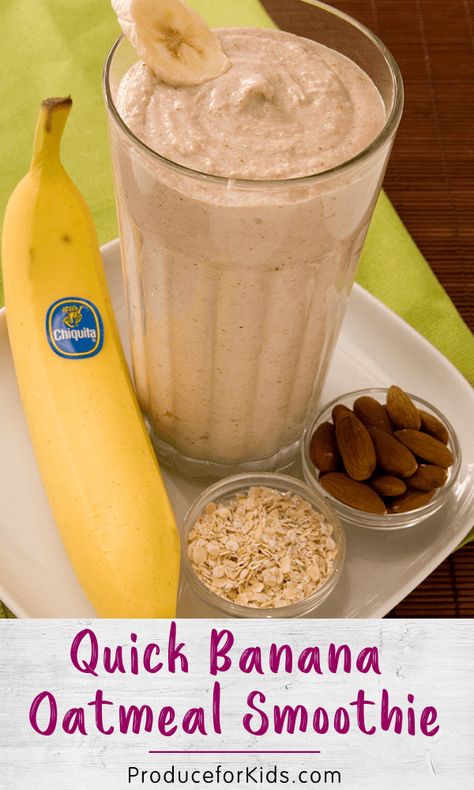 Quick Banana Oatmeal Smoothie - Give your morning a boost with this quick and easy banana oatmeal smoothie recipe! It's packed with almonds, yogurt, oatmeal and bananas to give you the energy to start your day. #produceforkids #smoothie #bananasmoothie Banana Oatmeal Smoothie Recipe, Smoothie Recipes Oatmeal, Yogurt Oatmeal, Banana Oatmeal Smoothie, Oatmeal Smoothie, Resep Diet Sehat, Oatmeal Smoothie Recipes, Resep Diet, Nursing Homes