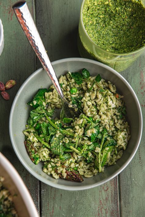 Pistachio Ramp Pesto Orzo Pesto Orzo Recipes, Pesto Orzo, Ramp Pesto, Pea Pesto, Orzo Recipes, Orzo Pasta, Local Farmers Market, Watercress, Orzo