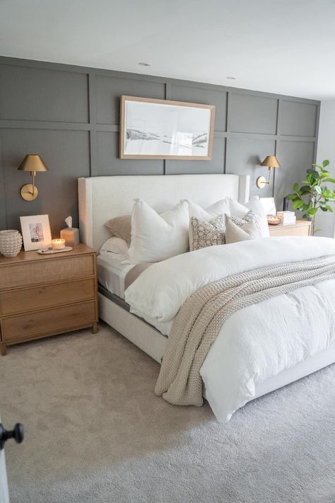 White Bed, Accent Wall Bedroom, Bedroom Renovation, Bedroom Panel, Remodel Bedroom, Master Bedrooms Decor, Guest Bedrooms, Guest Bedroom, Home Decor Bedroom