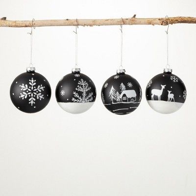 Classic in a simple black & white finish, this set of midnight coal-colored ball ornaments are embellished with winter white silhouettes. Collect the entire set of four different scenes and you can easily start a new tree tradition. Winter Silhouette, Silhouette Ornaments, Storing Christmas Decorations, Led Decor, Black Christmas, White Decor, Ball Ornaments, Black And White Design, Tree Decor