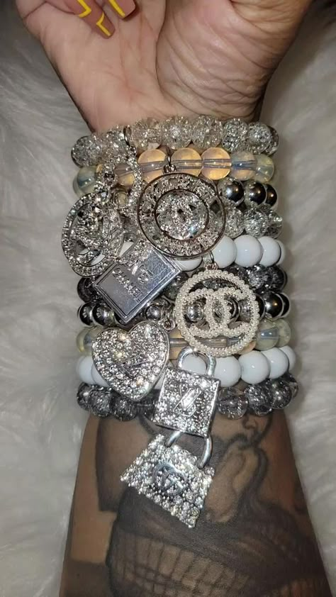 Crystal Bracelet Stack, Stack Bracelet Ideas, Charmed Bracelet, Body Jewelry Diy, Arm Candy Bracelets, Stacked Beaded Bracelets, Crystals Bracelets, Girly Bracelets, Bracelet Business