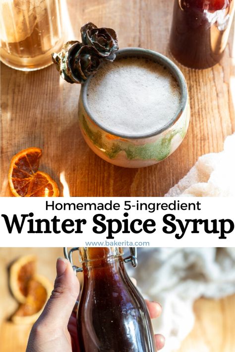 This Homemade Winter Spice Syrup is the perfect way to make spiced lattes at home! This healthier homemade coffee syrup is refined sugar-free, sweetened with maple syrup, and flavored with cinnamon, cloves, and orange. Lattes At Home, Sugar Free Coffee Syrup, Homemade Coffee Syrup, Gingerbread Syrup, Maple Syrup Recipes, Vegan Pumpkin Spice, Drink Syrups, Spiced Drinks, Creamer Recipe