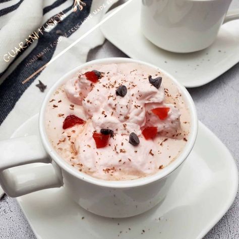 Cherry Hot Chocolate with Cherry Whipped Cream Cherry Hot Chocolate, Cherry Whipped Cream, Warm Drinks Recipes, Hot Chocolate Ingredients, Hot Chocolate Mix Recipe, Flavored Whipped Cream, White Chocolate Shavings, Hot Drinks Recipes, Cocoa Recipes