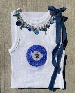 Pool Ball Tank Top With Bow and Chunky Charm Necklace Beaded Tank Top, Gold and Silver Jewelry, Necklace With Charms Blue Pool Ball Bow - Etsy Australia Beaded Tank Top Diy, Beaded T Shirt, Bejeweled Clothes, Beaded Embroidery Shirt, Bead Top, Necklace With Charms, Beaded Shirt, Jewelry Chunky, Taylor Swift Tour Outfits