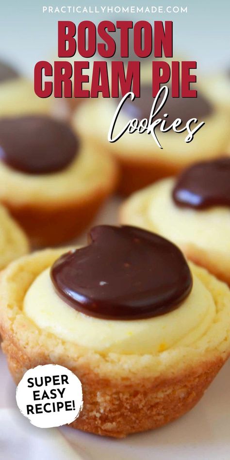 These Boston Cream Pie Cookies are the perfect little bite-sized desserts! These little cookie bites are super easy to make, but they look impressive and are sure to be a crowd-pleaser at any party or gathering. You’ll love these little Boston cream pie cookies, so try this recipe out today! Boston Cream Pie Cookie Bites, Easy Boston Cream Pie, Cream Pie Cookies, Boston Cream Cake, Cookie Cups Recipe, Cookie Bites, Pie Cookies, Pie Bites, Boston Cream Pie