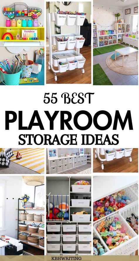 55 Best Playroom Storage & Organization Ideas Easy Playroom Organization, Finished Basement Toy Storage, Play Area Storage Ideas, Storage Toys Ideas, Cricut Playroom Ideas, Play Doh Organization Storage, Big Toys Organization Ideas, Basement Playroom Organization, Playroom Doll Area