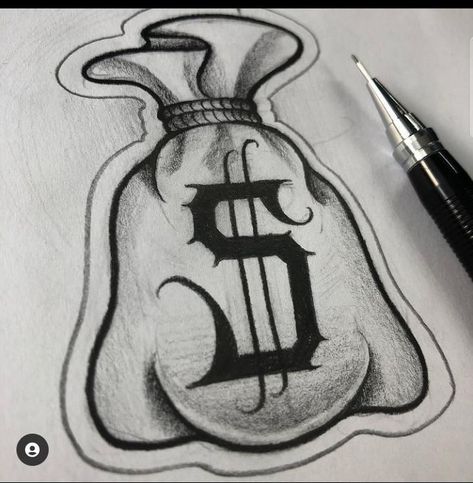 Bags Of Money Drawing, Graffiti Money Art, Money Bags Drawings, Money Inspired Tattoos, Chicano Art Tattoos Gangsters, Drawing On Money, Money Sign Drawing, Loyalty Drawing, Chino Drawing