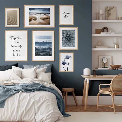 Boho Wall Art Set of 7 Prints Modern Wall Set Landscape Art | Etsy Navy Wall Bedroom Decor, Blue Themed Room Decor, Neutral Bedroom Blue Accents, Navy Gallery Wall, Accent Wall Blue Bedroom, Alpine Bedroom Ideas, How To Decorate A Blue Bedroom, Beige Navy Bedroom, Blue Scandinavian Bedroom