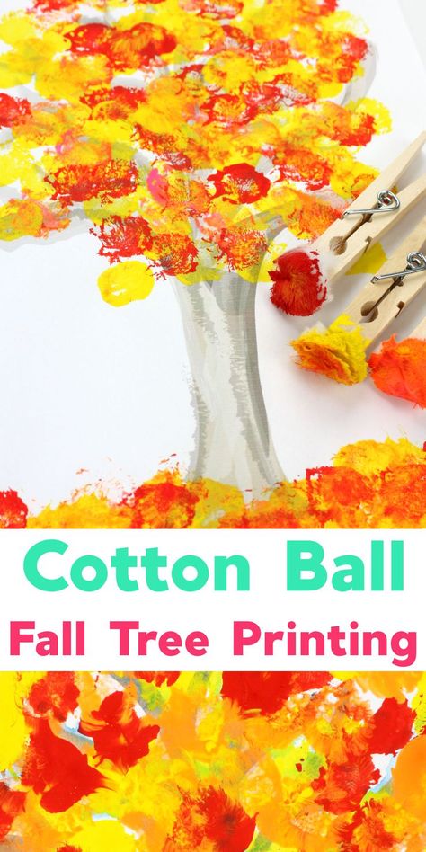 Fall Tree Painting With Cotton Balls, Cotton Ball Tree Painting, Fall Tree Crafts For Kids Preschool, Autumn Art And Crafts For Kids, Fall Crafts For 3yrs Old, Fall Kid Activities, Autumn Arts And Crafts, Tree Art For Kids, Fall Tree Art