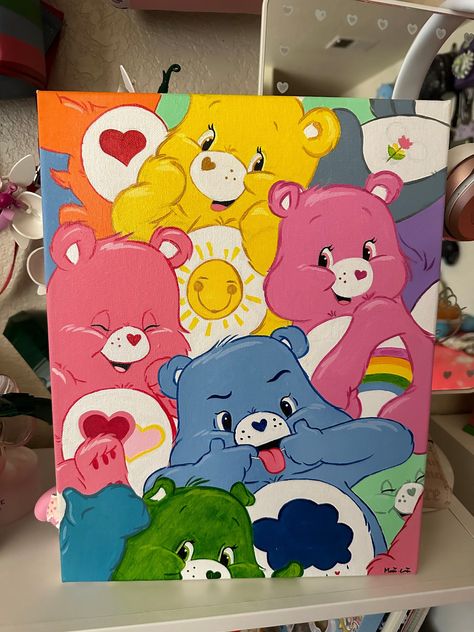 Grumpy Bear Painting, Things To Paint Other Than Canvas, Canvas Painting For Newborn, Canvas Wall Painting Ideas, Trolls Painting Canvas, Art On A Canvas, Cartoon Character Canvas Painting, Painted Canvas Wall Art, Easy Painting Ideas On Canvas Disney