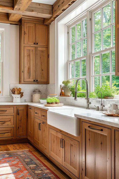 0 Elegant Rustic Farmhouse Kitchen Inspirations for Your Home Timeless Rustic Kitchen, Kitchen Remodel Ideas Wood Cabinets, Farmhouse Wooden Kitchen, Pine And Prospect Home Kitchen, Cabinet Wall In Kitchen, Cost Effective Kitchen Remodel, New England Style Kitchen Ideas, Rustic Kitchen Cupboards, Farmhouse Kitchen Natural Wood Cabinets