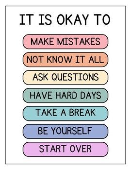 Normalize making mistakes, not knowing it all, asking questions, having hard days, taking a break, being yourself, and starting over. Hang this poster up to make your classroom look welcoming and remind your students that it's okay to have hard days! Ideal for your calm down corner or any spot in your classroom, its an invaluable tool for promoting emotional well-being. Enhance your classroom environment with this must-have resource!Interested in more Calm Corner Posters?"Triangle Breathing" pos Motivation Classroom Poster, Quiet Corners In Classroom, Classroom Safe Space Ideas, Kindergarten Classroom Calming Corner, Classroom Educational Posters, English Classroom Quotes, Positive Poster Ideas, Motivational School Posters, Calm Down Corner Posters