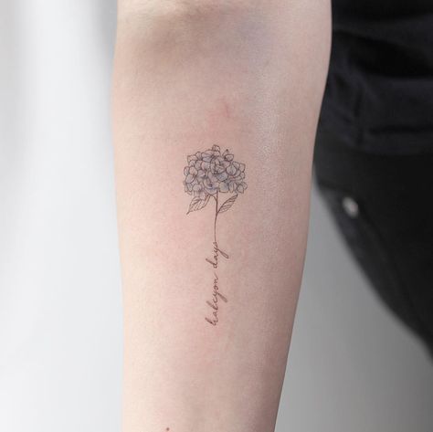 Hydrangea 💐 thank you Daniella! Hydrangea Tattoos, Hydrangea Tattoo, Gladiolus Tattoo, Dahlia Tattoo, Flores Tattoo, Large Tattoos, Dainty Tattoos, Time Tattoos, Friend Tattoos