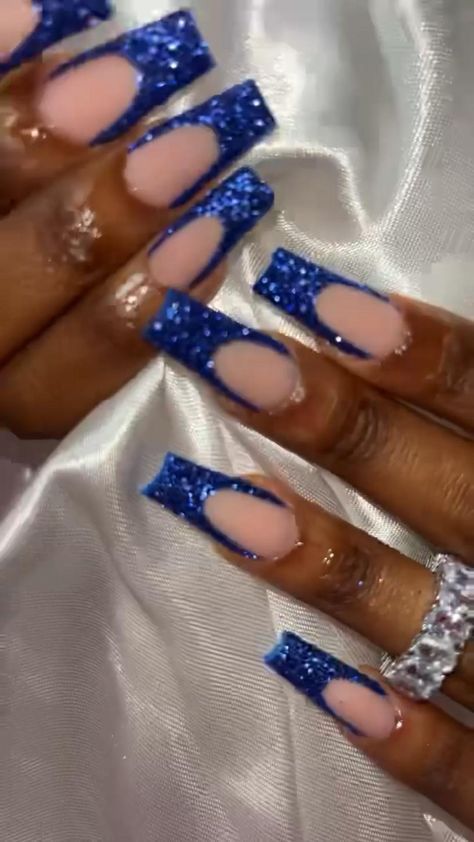 Royal Blue Prom Nails, Royal Blue Nails Designs, Blue Prom Nails, Blue And Silver Nails, Homecoming Nails Blue, Prom Nails Silver, Nails Acrylic Coffin, Royal Blue Nails, Blue Glitter Nails