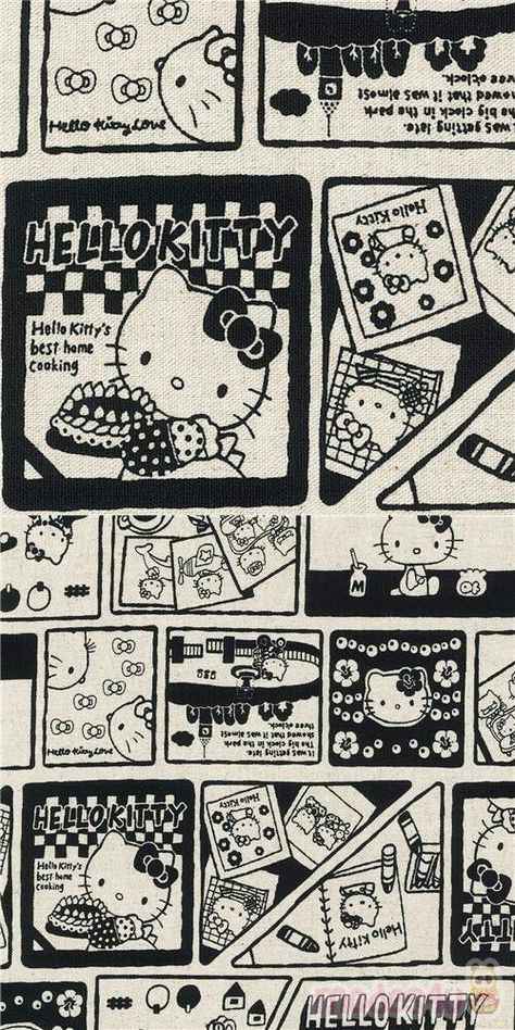 natural color oxford cloth fabric with comic panel design, with Hello Kitty, cars, bows, crayons etc., Material: 100% cotton, Fabric Type: strong oxford cloth fabric #Oxford #Animals #AnimalPrint #HelloKitty #Characters #Cats #JapaneseFabrics Hello Kitty Newspaper, Hello Kitty Book Cover, Hello Kitty Comic, Hello Kitty Grunge, Comic Black And White, Room Ideas Indie, Hello Kitty 45th, Hello Kitty Book, Hello Kitty Car