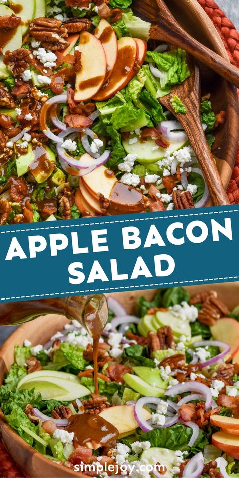 This amazing Apple Bacon Salad can be a meal all it's own. It is full of great flavor plus the crunch of apples and the irrisistable taste of bacon. Spinach Apple Bacon Salad, Apple Salad Ideas, Turkey Bacon Salad, Apple Crunch Salad, Lettuce Salad With Apples, Apple And Bacon Recipes, Apple Recipes Salad, Salad With Green Apples, Apple Lettuce Salad