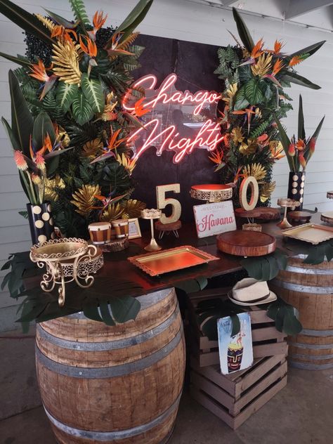 Havana Nights Bar Decor, Elegant Havana Night Party, Havana Nights Event Decor, Havana Night Decor, Latino Birthday Party Ideas, Havana Night Backdrop Ideas, Night In Havana Party Theme, Jungle Theme Pool Party, Paniolo Theme Party