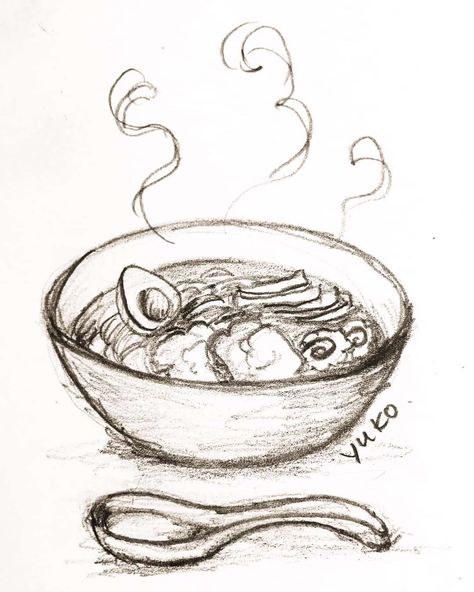 Yuko Jones - Daily 10-minute sketch Day 9: Ramen. 🍜 😋 Three things you can tell from this drawing: I was hungry, I didn’t sharpen the pencil (too lazy), I didn’t use an eraser (I ran out & need to go buy one). Fun fact: I don’t use drawing pencils. Instead I just grab whatever I can find in the kitchen drawer and sketch (today I used my kids’ sponge bob pencil). You don’t need fancy art supplies to create for sure. #studioyukojones #pencildrawing #ramen #hungry . #sketch #kidlitart #illustrato Sketch Food Drawing, Soup Can Drawing, Food Drawings Pencil, Food Sketches Pencil, Cute Food Sketches, Japanese Food Sketch, Object Sketches Pencil Drawings, Kitchen Drawing Easy, Food Drawing Sketches Pencil