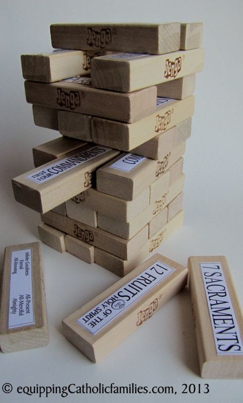 The Tall Tower Bible Craft, Bible Jenga, Bible Jeporady, Catholic Crafts For Kids, Catholic Youth Group Ideas, The Tower Of Babel Craft For Kids, 3rd Grade Catechism, Confirmation Class Activities, Catholic Games For Kids