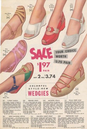 1955 Sandals- Diverse styles on Wedge Soles mid 50s red white tan pink sling back buckle crayola colors wedgies shoes casual low heel slip ons 1930s Sandals, 1950s Sandals, 50s Sandals, 40s Shoes, Tas Vintage, 1950s Shoes, Istoria Modei, 1940s Shoes, Mode Retro