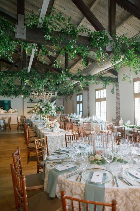 Greenery Party Decorations, Greenery On Beams Wedding, Greenery At Wedding, Warehouse Decor, Green And White Wedding Flowers, Galveston Wedding, Reception Ceiling, Wedding Drapery, Wedding Goodies