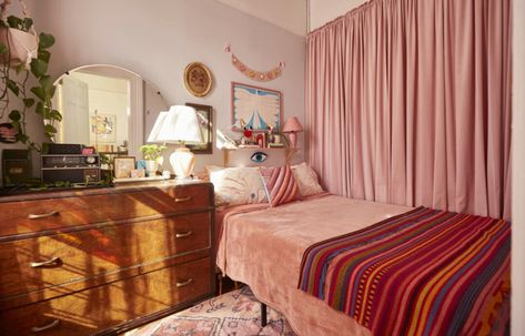 Pale Blue Bedrooms, Velvet Curtains Bedroom, Ikea Couch, Ikea Finds, Rental Apartment, Expensive Furniture, Pink Curtains, Apartment Tour, Prop Stylist