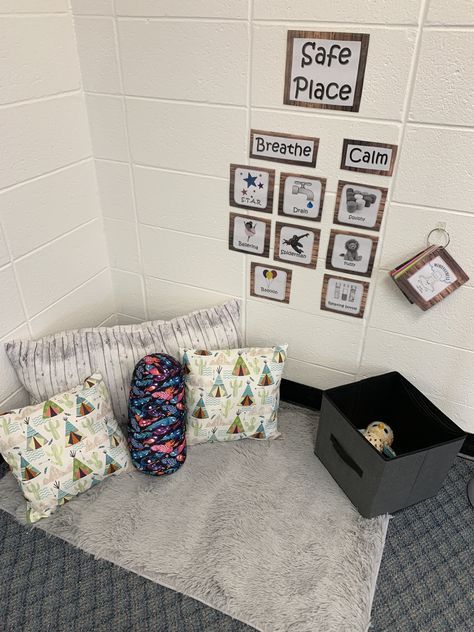 Safe Area In Classroom, Safe Place In Classroom, Cooldown Corner Classroom, Preschool Classroom Cozy Corner Ideas, Quiet Corner Classroom Preschool, Preschool Safe Place, Comfy Corner Classroom, Cozy Corner In Classroom, Safe Place Classroom