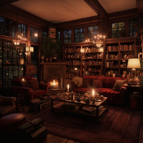 Fireplace Aesthetic Cozy Living Room, Aesthetic Home Library Cozy, Cozy Old Living Room, Cozy Common Room, Dark Library Room Aesthetic, Cozy Cottage Library, Hogwarts Aesthetic Living Room, Cozy Home Library With Fireplace, House Library Ideas Cozy