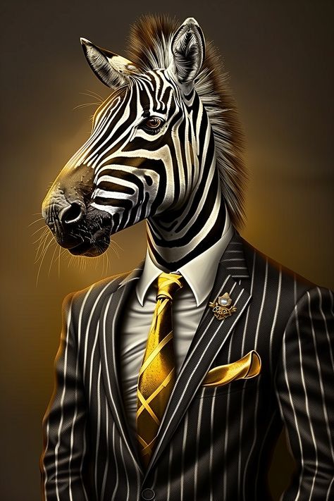 A digital art print of a zebra dressed in a striped suit, set against a minimalist background. This contemporary animal portrait combines the natural stripes of the zebra with a stylish suit, making it a unique and elegant piece of wall decor. Animals In Clothes Art, Brindlewood Bay, Animal In Suit, Zebra Portrait, Portrait Unique, Stylish Wall Decor, Zebra Art, Animal Art Print, Striped Suit