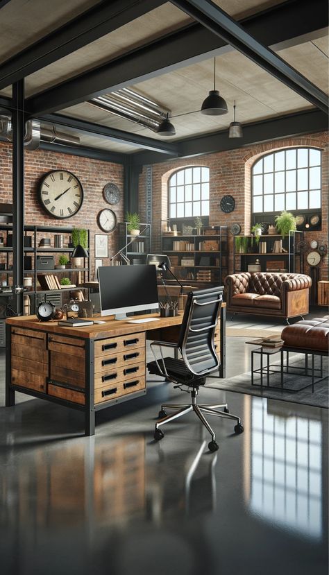 21 Inspiring Office Decor Ideas to Elevate Your Workspace 🌟🏢 Loft Decorating Ideas, Industrial Interior Design Office, Loft Decorating, Large Wooden Desk, Loft Home Office, Modern Industrial Office, Industrial Office Space, Industrial Style Office, Inspiring Office