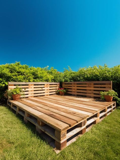 Diy Deck Backyard, Pallet Board Deck, Deck Using Pallets, Diy Outdoor Deck, Diy Pallet Deck, Diy Pallet Patio, Patio Deck Ideas, Pallet Patio Decks, Pallet Deck Diy