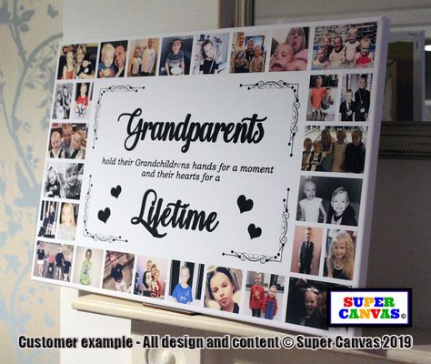 Beautiful bespoke 'Grandparents' framed Canvas Print with 28 photos Lovely quote 'Grandparents hold their Grandchildrens hands for a moment and their hearts for a lifetime' SIMPLE TO ORDER 1) Simply choose the size you require (Height x Width x Depth) 2) Share your photos with us (please refer to guide in images) WHAT HAPPENS NEXT? Once we have received your order we will design this for you and send you a proof for approval. When we have received confirmation that you are happy to proceed, we w Grandchildren Photo Ideas, Grandchildren Pictures, Grandparents Frame, Grandparent Photo, Welcome Photos, Photos Collage, Memory Wall, Painting Birthday, Gift For Grandparents