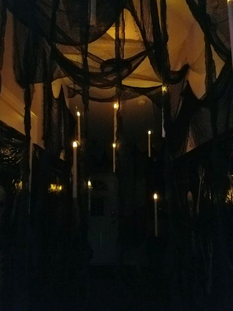 Halloween Party Venue Decor, Halloween Venue Decor, Creepy Cloth On Ceiling, Floating Candles From Ceiling, Dark Halloween Party Decor, Ceiling Decor For Halloween, Halloween Witch Party Decor, Diy Halloween Photo Backdrop Scary, Creepy Cloth Decorations Ideas