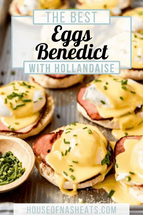 Eggs Benedict is a classic breakfast recipe that is traditionally served as a toasted English muffin, topped with Canadian bacon, a poached egg and hollandaise sauce. The name sounds fancy which might make this easy Eggs Benedict recipe seem overwhelming to make, but it is extremely easy to whip up in your own kitchen in under 30 minutes. | eggs benedict hollandaise | eggs benedict easy | homemade eggs benedict recipe easy | homemade eggs benedict hollandaise sauce Homemade Eggs Benedict, What To Serve With Eggs Benedict, Best Eggs Benedict Recipe, Eggs Benedict Variations, Eggs Benedict Hollandaise, Canadian Bacon Recipes, Easy Eggs Benedict, Benedict Recipe, Eggs Benedict Recipe