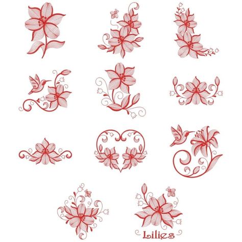 Redwork Rippled Lily | OregonPatchWorks Selling Design, Embroidery Library, Batik Fabric, Custom Embroidery, Gift Certificates, Digital Embroidery, Free Tutorial, Embroidery Thread, Machine Embroidery Designs