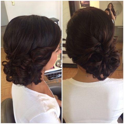 Curly Bun Prom, Messy Low Side Bun Wedding, Messy Low Side Bun, Bun Prom Hair, Low Side Bun Wedding Hair Curly, Low Side Bun Wedding Hair Messy Loose Updo, Low Bun To The Side, Hair Side Bun, Side Bun Updo