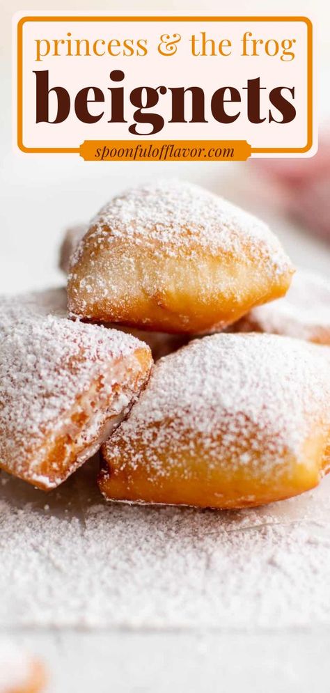 Feel like a Disney princess with these classic Princess and the Frog Beignets! This yummy dessert is soft, pillowy, and dusted with sweet powdered sugar. Pin these easy to make sweet treats from scratch! Tiana's New Orleans Beignets Recipe, Begniets Recipes Princess And The Frog, Bengiets Recipe, Baked Beignets Recipe Easy, Tiana’s Beignets Recipe, How To Make Tiana’s Beignets, How To Make Beniegts From Princess And The Frog, Dessert Recipes French, Baked Beniegts Recipe