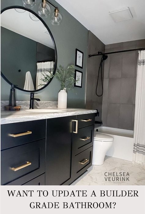 Bathroom Paint Colors With Black Vanity, Bathroom Paint Colors With Dark Cabinets, Black Vanity Bathroom Ideas Wall Colors, Black Cabinet Bathroom Ideas, Black Bathroom Cabinets Painted, Bathroom Ideas Dark Cabinets, Bathroom With Black Cabinets, Dark Cabinets Bathroom, Small Bath Design