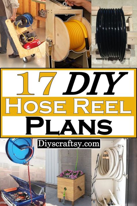 17 DIY Hose Reel Plans To Make Today Diy Hose Holder Planter, Wood Hose Holder, Home Made Hose Reel, Diy Garden Hose Reel Ideas, Garden Hose Storage Ideas Curb Appeal, Homemade Hose Reel, Diy Water Hose Reel, Air Hose Reel Mounting Ideas, Garden Hose Storage Ideas Diy