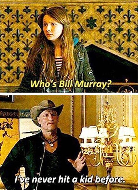 Zombieland (2009). T to B: Little Rock (Abigail Breslin) and Tallahassee (Woody Harrelson). Tallahassee: “Ladies and gentlemen, welcome to la mansion de Bill Murray.” Columbus (Jesse Eisenberg): “Ah, Bill Murray.” Wichita (Emma Stone): “God, no way. This guy has a direct line to my funny bone. I mean every --.” Little Rock: “Boy, who’s Bill Murray?” Tallahassee: “I’ve never hit a kid before. That’s like asking who Gandhi is.” Little Rock: “Who’s Gandhi?” Wichita: “She’s twelve.” Woody Harrelson Zombieland, Tallahassee Zombieland, Columbus Zombieland, Hillbilly Elegy Movie, Kids Nowadays, The Big Lebowski Meme, Film Tv, Halloween Movie Memes, Military Humor