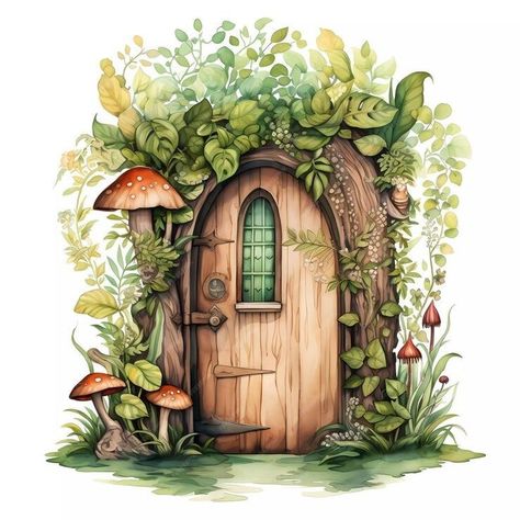 Clip Art For Journaling, Fairy Door Watercolor, Fairy Garden Illustration Artworks, Door With Flowers Painting, Fairy Door Painting Ideas, Fairytale Drawing Ideas, Magical Garden Painting, Magical Door Drawing, Fairy Garden Art Painting