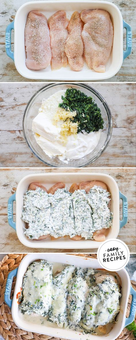 Cheesy Spinach Chicken Bake, Chicken Spinach Mozzarella Bake, Creamed Spinach Chicken Recipe, Healthy Spinach Dinner Recipes, Spinach Chicken Casserole Cream Cheese, Spinach Baked Chicken, Sheet Pan Spinach Herb Baked Chicken, No Cheese Chicken Recipes, Spinach And Cheese Chicken