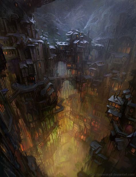 City in cave by SnowSkadi on deviantART Rpg City, Cave City, Illustration Fantasy, Creation Art, Heroic Fantasy, Underground Cities, 다크 판타지, Fantasy City, Fantasy Setting