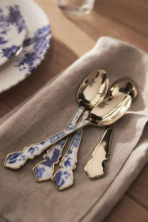 Discover the entire Abi Dinnerware Collection by AnthroLiving. Inspired by traditional Dutch Delftware and French toile fabrics, these dainty stainless steel spoons feature handpainted prints of florals and bees set atop a modern-yet-vintage shape. | Abi Teaspoons, Set of 4 by Anthropologie in Blue, Size: Small Easter Hosting, Monogram Water Bottle, Blue And White Dinnerware, Elegant Living Room Design, Anthropologie Home, French Toile, Tea Spoons, Blue Toile, Toile Fabric