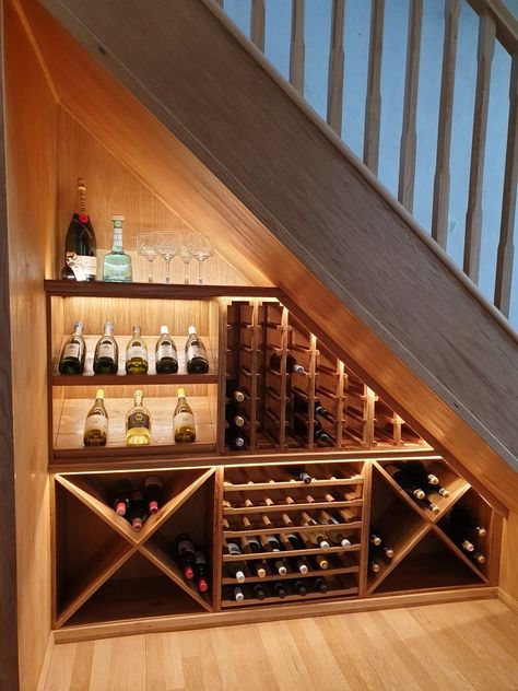 Basement Stairs Wine Storage, Wine Bar Under Stairs Ideas, Staircase Wine Rack, Wine Cellar Below Stairs, Home Bar Wine Racks, Under Stairs Drinks Storage, Under Stairs Ideas Wine, Lockable Wine Storage, How To Build A Wine Cellar Under Stairs