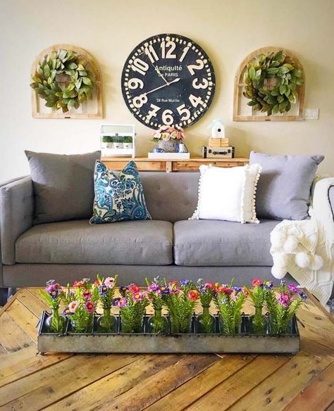 Large Clock With Windows And Wreaths Family Room Wall Decor Behind Couch, Wall Decor Behind Couch, Family Room Wall Decor, Big Wall Decor, Room Wall Decor Ideas, Rustic Farmhouse Living Room, Family Room Walls, Living Room Decor Rustic, Entertainment Center Decor